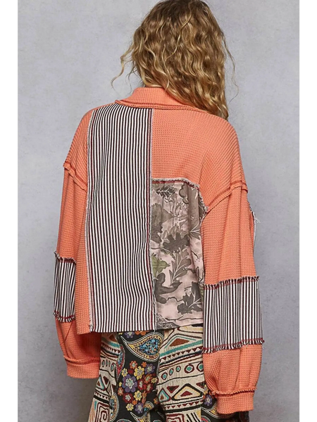 Trendsi co-ords featuring a trendy summer layering shirt for women with patchwork design in orange and patterns