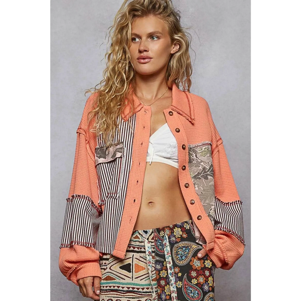 Trendsi trendy summer layering shirt for women in peach with patchwork and striped sleeve details