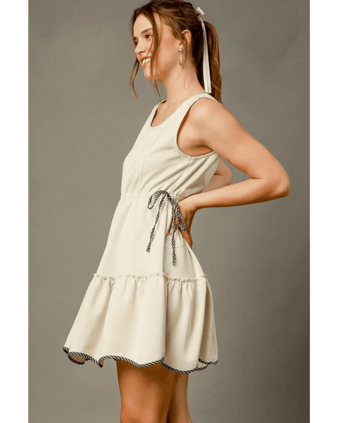 Trendsi beige midi dress with side tie and ruffle hem trendy women's beachwear under $50