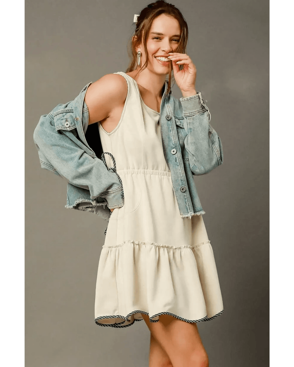 Trendsi midi dress paired with denim jacket trendy women's beachwear under $50 casual summer outfit