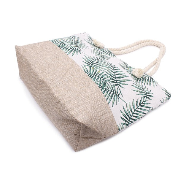 Babe Beachwear tropical beach bag tote with green palm leaf print and rope handles