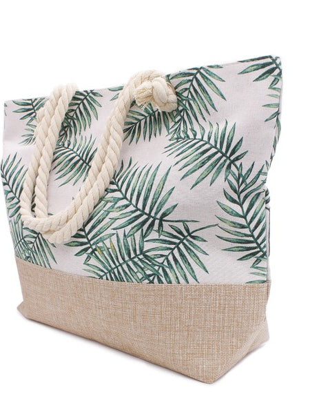 Studio image Babe Beachwear tropical beach bag tote with green palm leaf print and rope handles