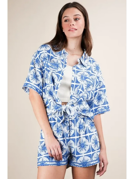 Babe Beachwear tropical blue shorts set with short sleeves and matching shorts in a geometric floral pattern