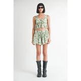 Emory Park Tropical Green Floral Tank Top paired with matching shorts worn with black boots and sunglasses
