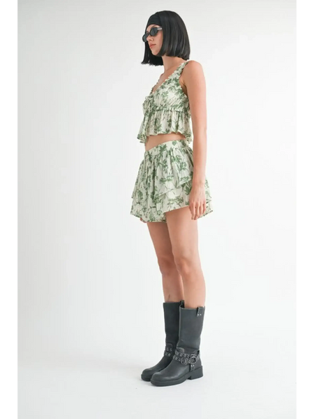 Emory Park Tropical Green Floral Tank Top with matching shorts worn by model and black boots