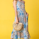 EG fashion tropical print sleeveless dress midi length with floral pattern and ruffled hem