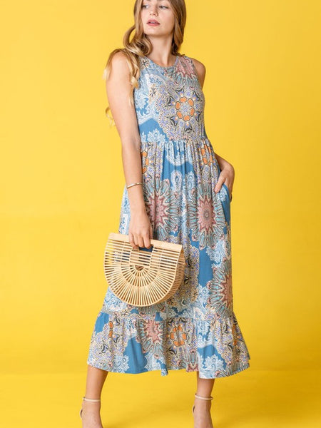 EG fashion tropical print sleeveless dress midi length with floral pattern and ruffled hem