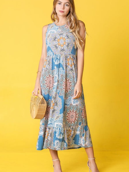 EG fashion tropical print sleeveless dress midi length with blue and beige floral patterns