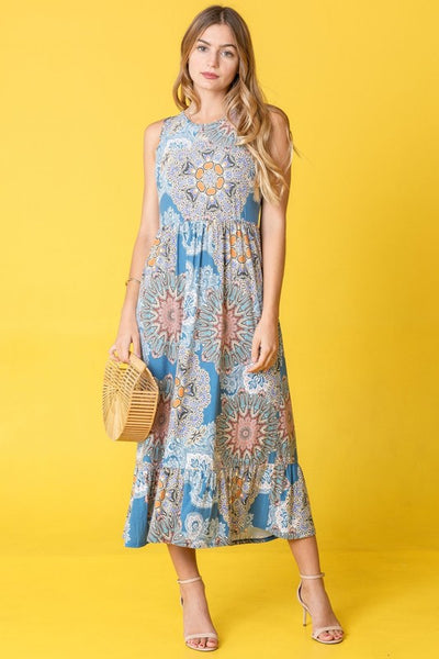 EG fashion tropical print sleeveless dress midi length with blue and beige floral patterns