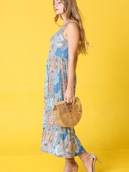 EG fashion tropical print sleeveless dress midi length worn with nude heels and wooden handbag