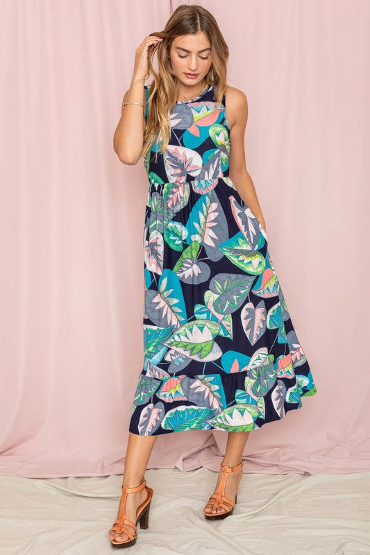 EG fashion tropical print sleeveless dress midi length with vibrant leaf patterns