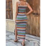 Back view of Tropical Stripes Knit Midi Dress by Trendsi with colorful pattern and side slit