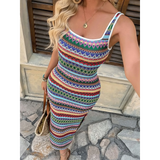 Trendsi Tropical Stripes Knit Midi Dress with colorful zigzag patterns and thin shoulder straps