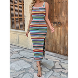 Trendsi Tropical Stripes Knit Midi Dress with colorful horizontal patterns and side slit