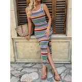 Trendsi Tropical Stripes Knit Midi Dress with colorful geometric patterns and side slit worn with sandals