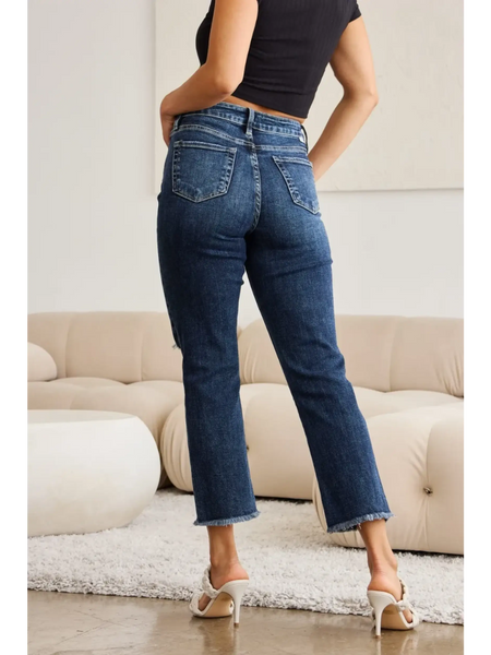Trendsi dark wash tummy control high waist jeans with back pockets worn with heels