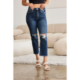 Trendsi tummy control high waist jeans in dark blue with ripped knees and cropped straight legs