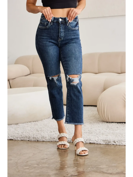 Trendsi tummy control high waist jeans in dark blue with ripped knees and cropped straight legs