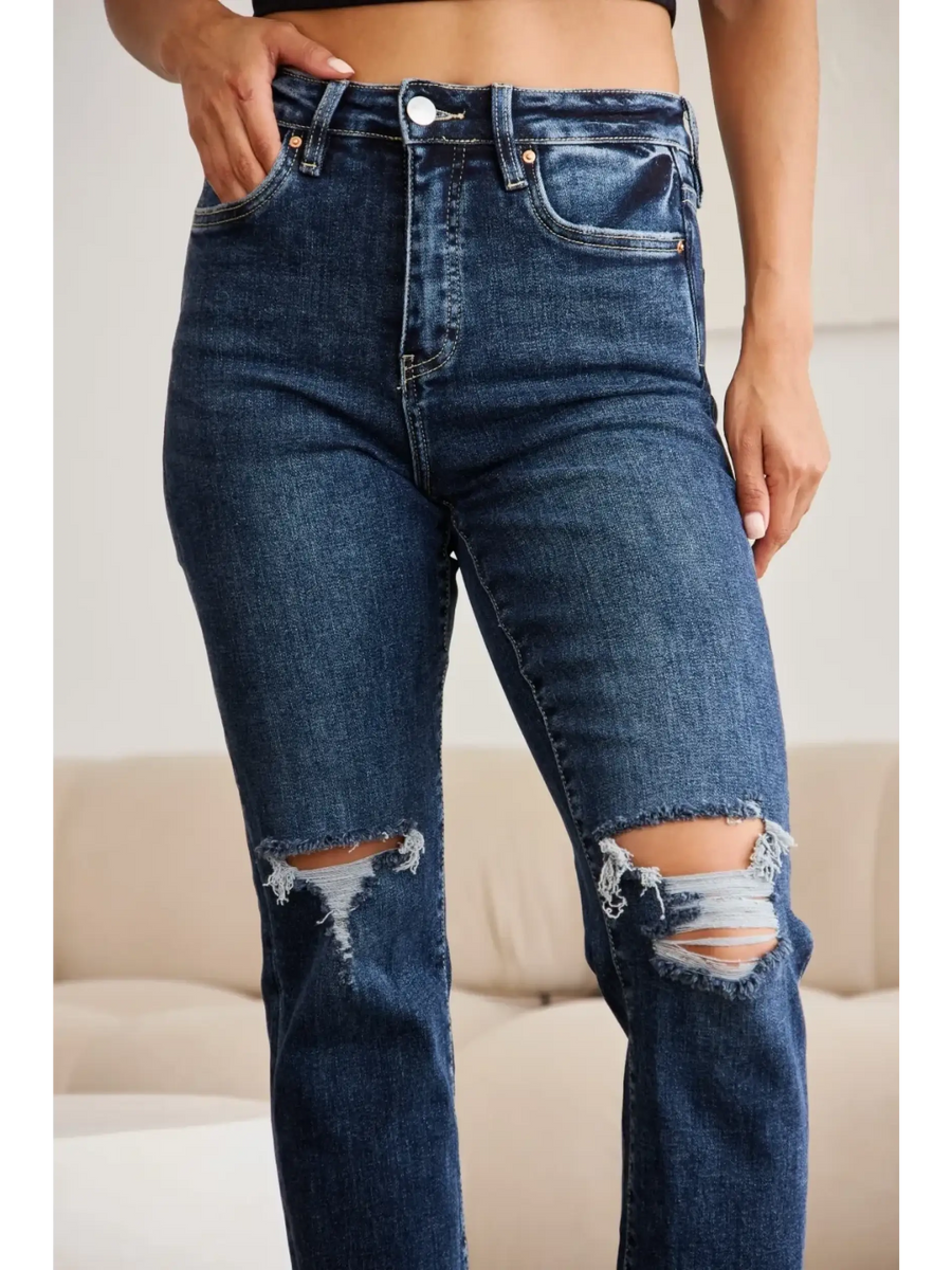 Trendsi dark wash distressed tummy control high waist jeans with ripped knees and front pockets