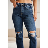 Trendsi dark wash distressed tummy control high waist jeans with ripped knees and front pockets
