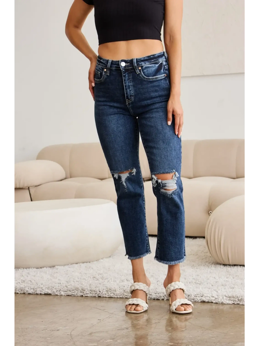 Trendsi tummy control high waist jeans in dark denim with ripped knees and cropped hem