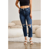 Trendsi tummy control high waist jeans in dark denim with ripped knees and cropped hem