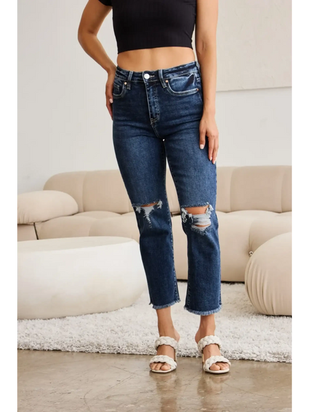 Trendsi tummy control high waist jeans in dark denim with ripped knees and cropped hem