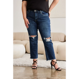 Trendsi tummy control high waist jeans in dark blue with ripped knees and raw hem