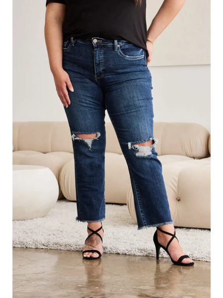 Trendsi tummy control high waist jeans in dark blue with ripped knees and raw hem
