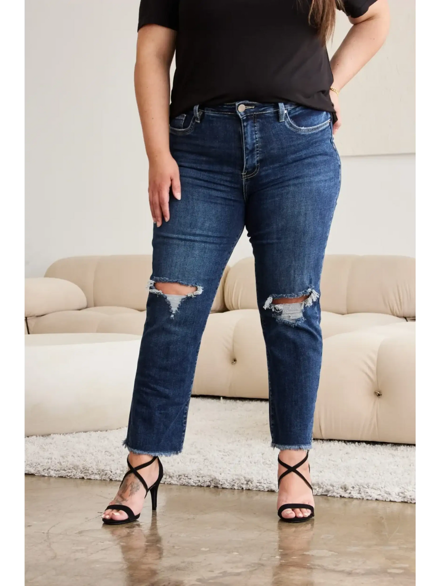 Trendsi tummy control high waist jeans in dark blue with distressed knees worn with black top and heels