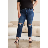 Trendsi tummy control high waist jeans in dark blue with distressed knees worn with black top and heels