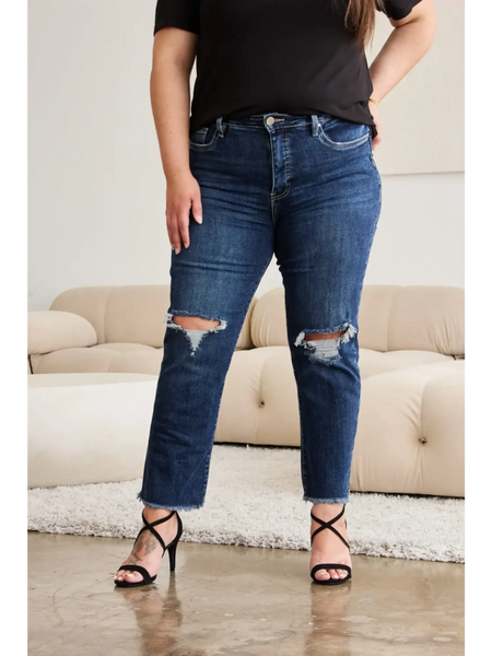 Trendsi tummy control high waist jeans in dark blue with distressed knees worn with black top and heels