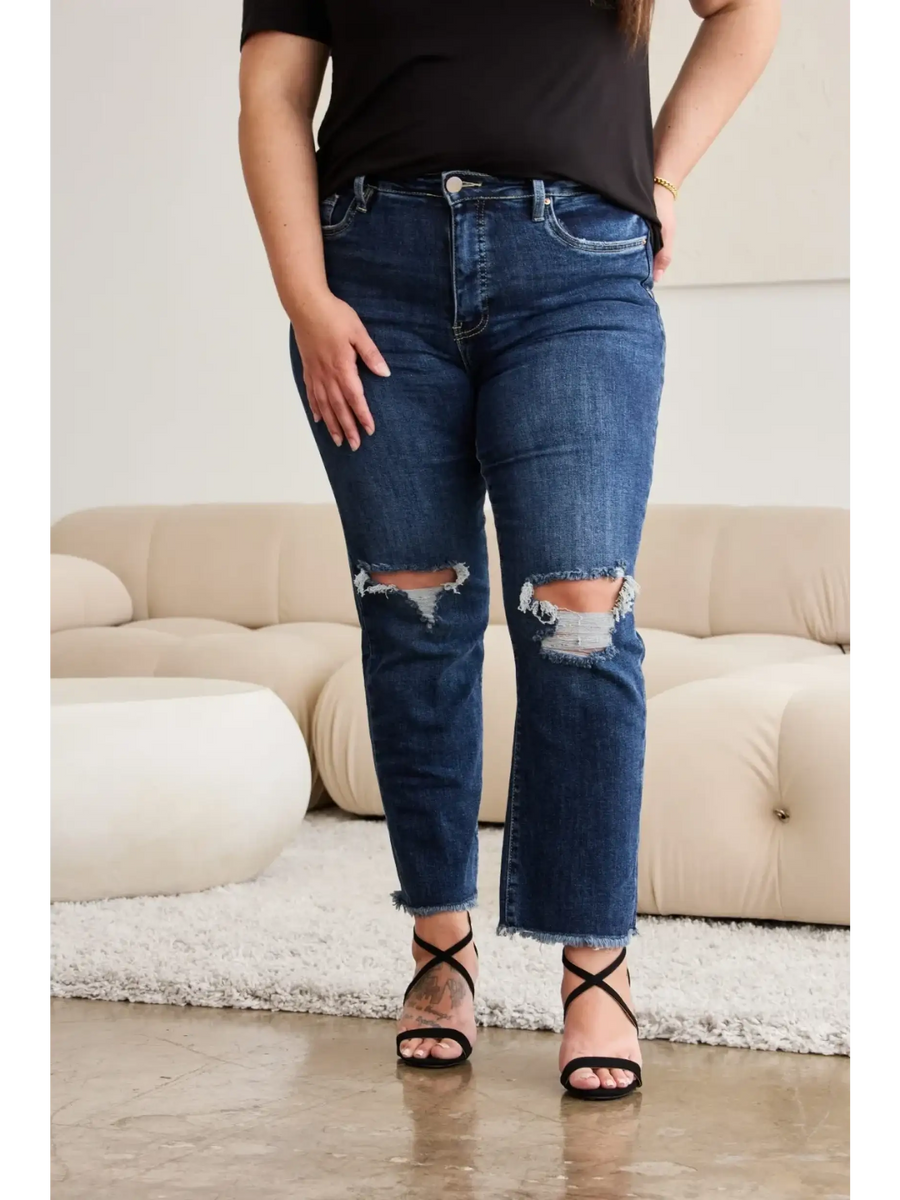 Trendsi tummy control high waist jeans in dark blue denim with distressed knee rips