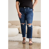 Trendsi tummy control high waist jeans in dark blue denim with distressed knee rips