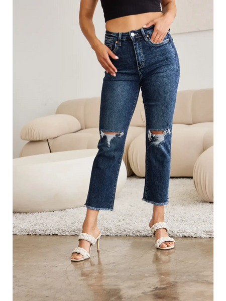 Trendsi tummy control high waist jeans in dark blue with ripped knees styled with white heels