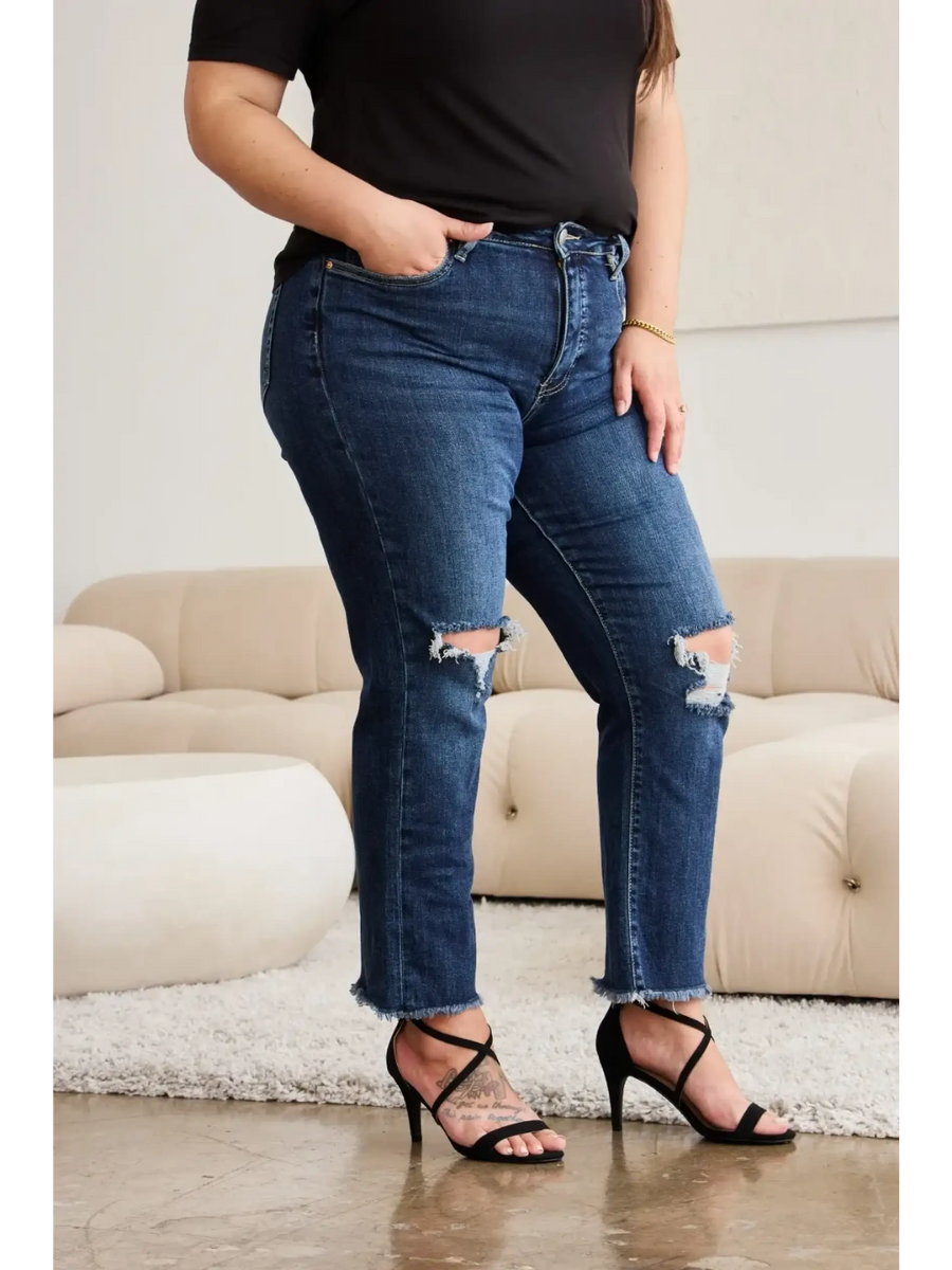 Trendsi tummy control high waist jeans in dark blue with distressed knees and raw hem