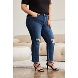 Trendsi tummy control high waist jeans in dark blue with distressed knees and raw hem