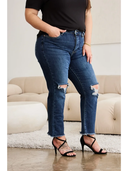 Trendsi tummy control high waist jeans in dark blue with distressed knees and raw hem