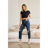 Trendsi tummy control high waist jeans in dark blue denim worn with black crop top and white heels