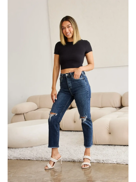 Trendsi tummy control high waist jeans in dark blue denim worn with black crop top and white heels