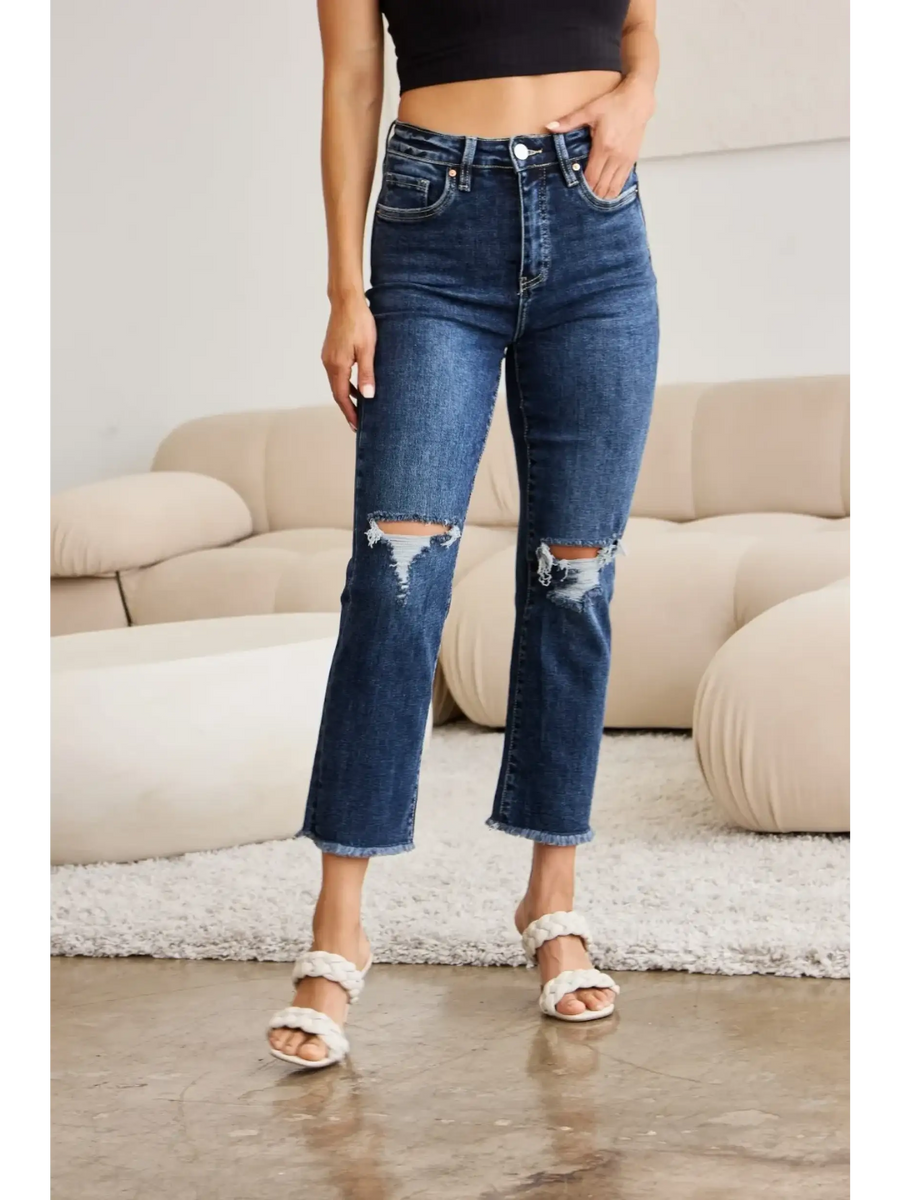 Trendsi distressed tummy control high waist jeans in dark blue denim worn with black crop top