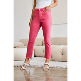Trendsi pink tummy control high waist jeans with raw hem paired with white top and sandals