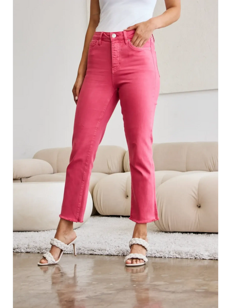 Trendsi pink tummy control high waist jeans with raw hem paired with white top and sandals