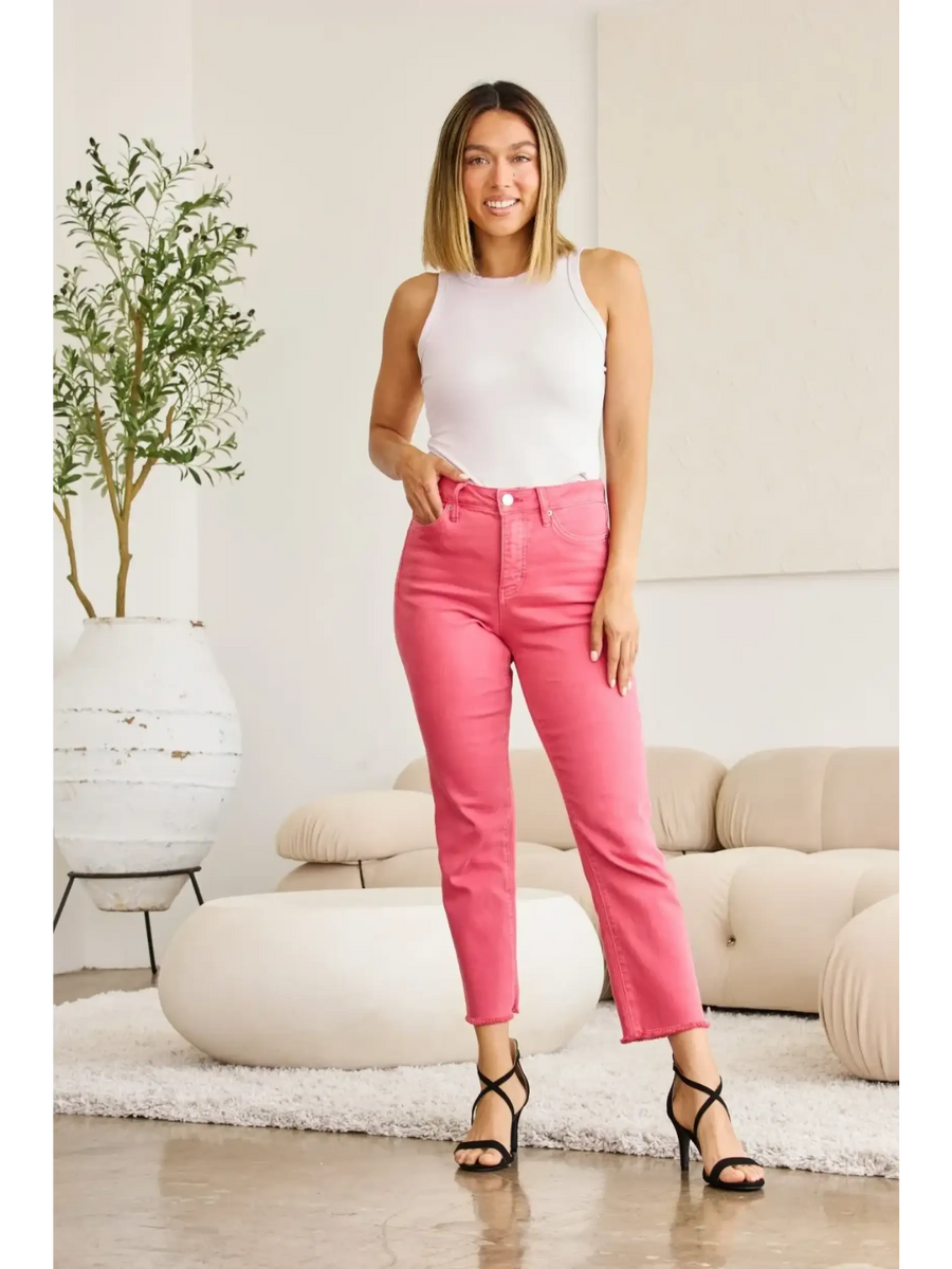 Trendsi tummy control high waist jeans in pink modeled with white tank top and black heels