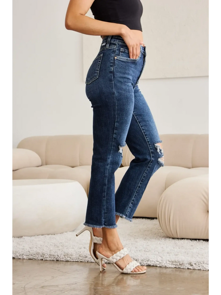 Trendsi tummy control high waist jeans in dark blue denim with distressed details and cropped length
