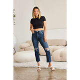 Trendsi distressed dark blue tummy control high waist jeans worn with black crop top and white heels