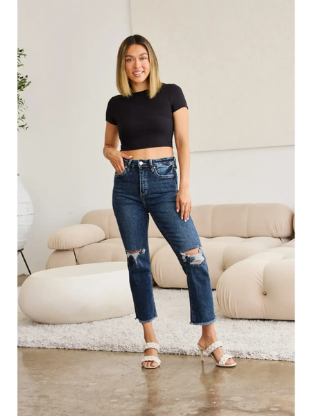 Trendsi distressed dark blue tummy control high waist jeans worn with black crop top and white heels