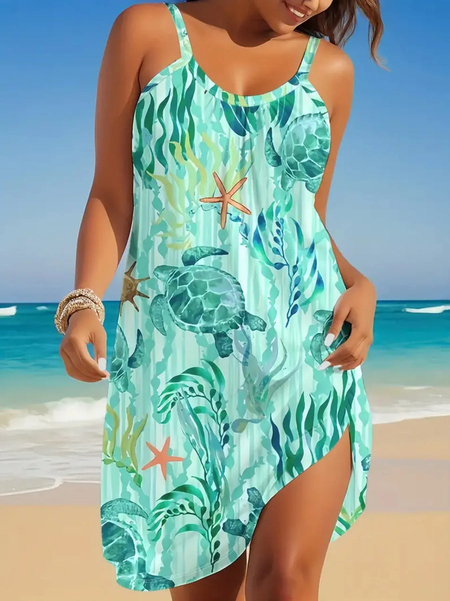 Babe Beachwear turquoise turtle beach dress mini dress with sea turtle and starfish print on the beach
