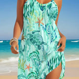 Babe Beachwear turquoise turtle beach dress mini dress with sea turtle and starfish print on the beach
