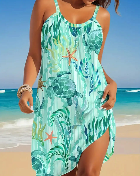 Babe Beachwear turquoise turtle beach dress mini dress with sea turtle and starfish print on the beach